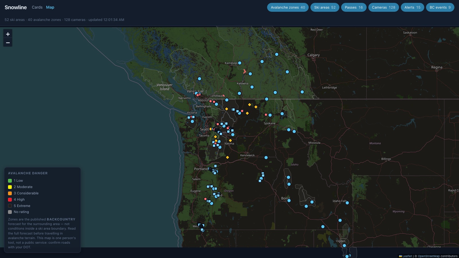 Snowline — a dark map of the Pacific Northwest scattered with markers for ski areas, mountain passes and road cameras