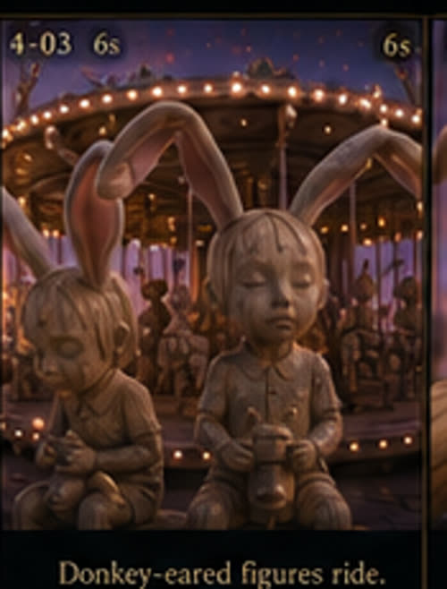 Storyboard panel labeled 'Donkey-eared figures ride' — showing unmistakable rabbit ears