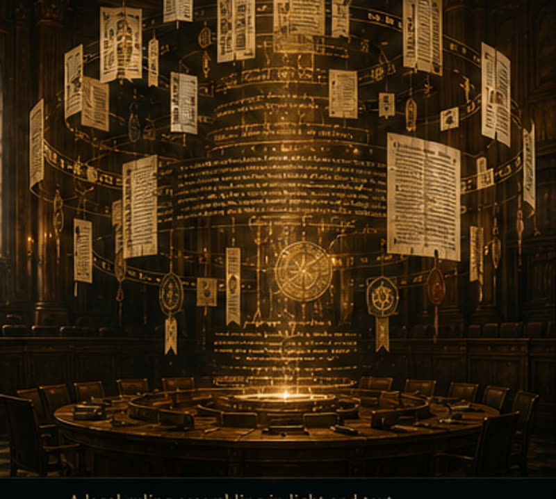 The Instrument — a legal ruling assembling itself in light. Reference board.