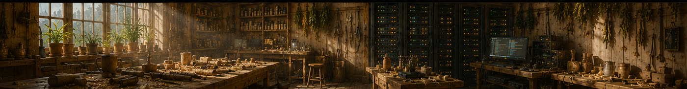 The workshop — half woodcarver's studio, half server room. Reference board.